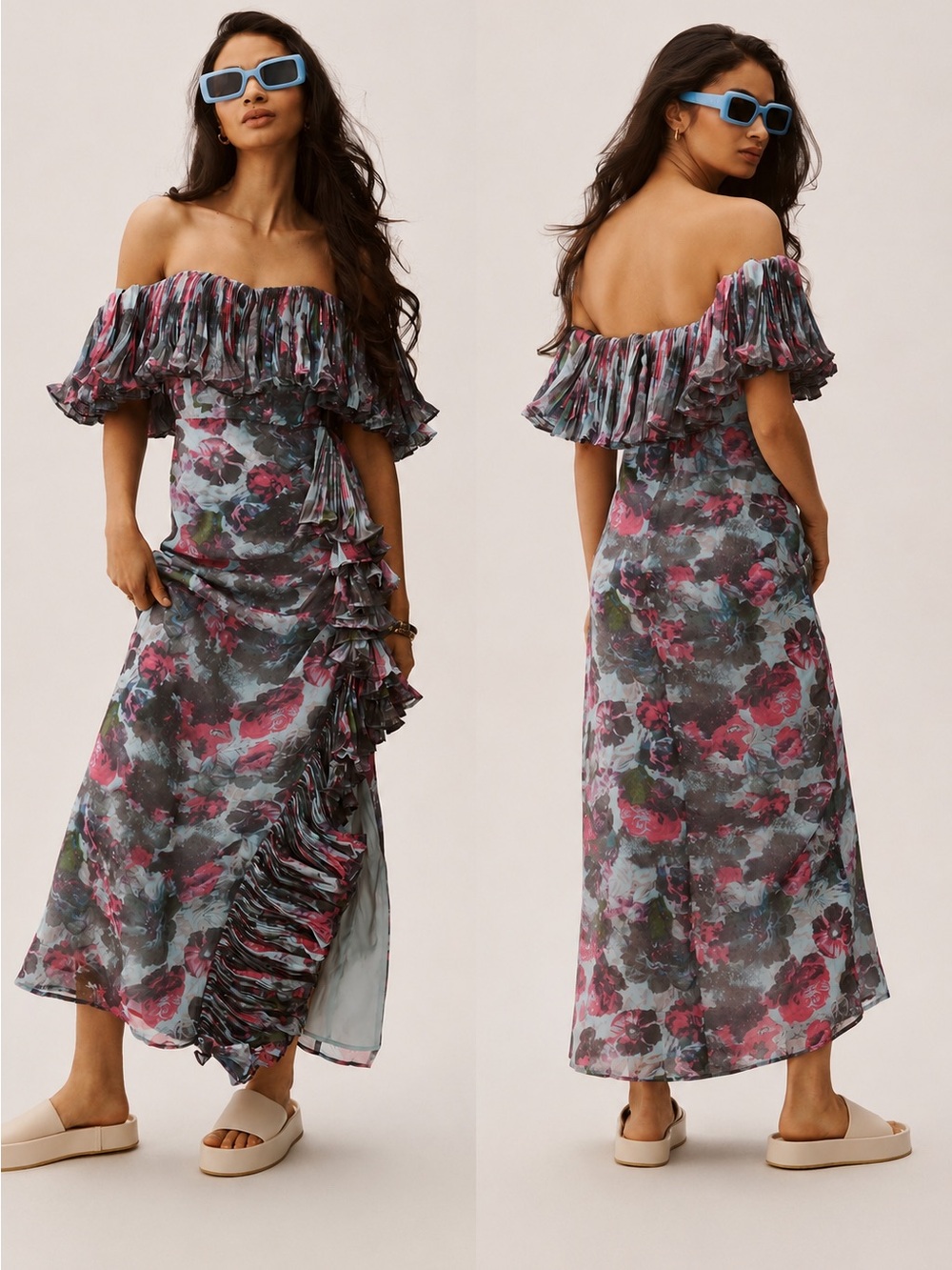 Hutch Anthropologie Off Shoulder Ruffled Floral Column Maxi Dress Size 8